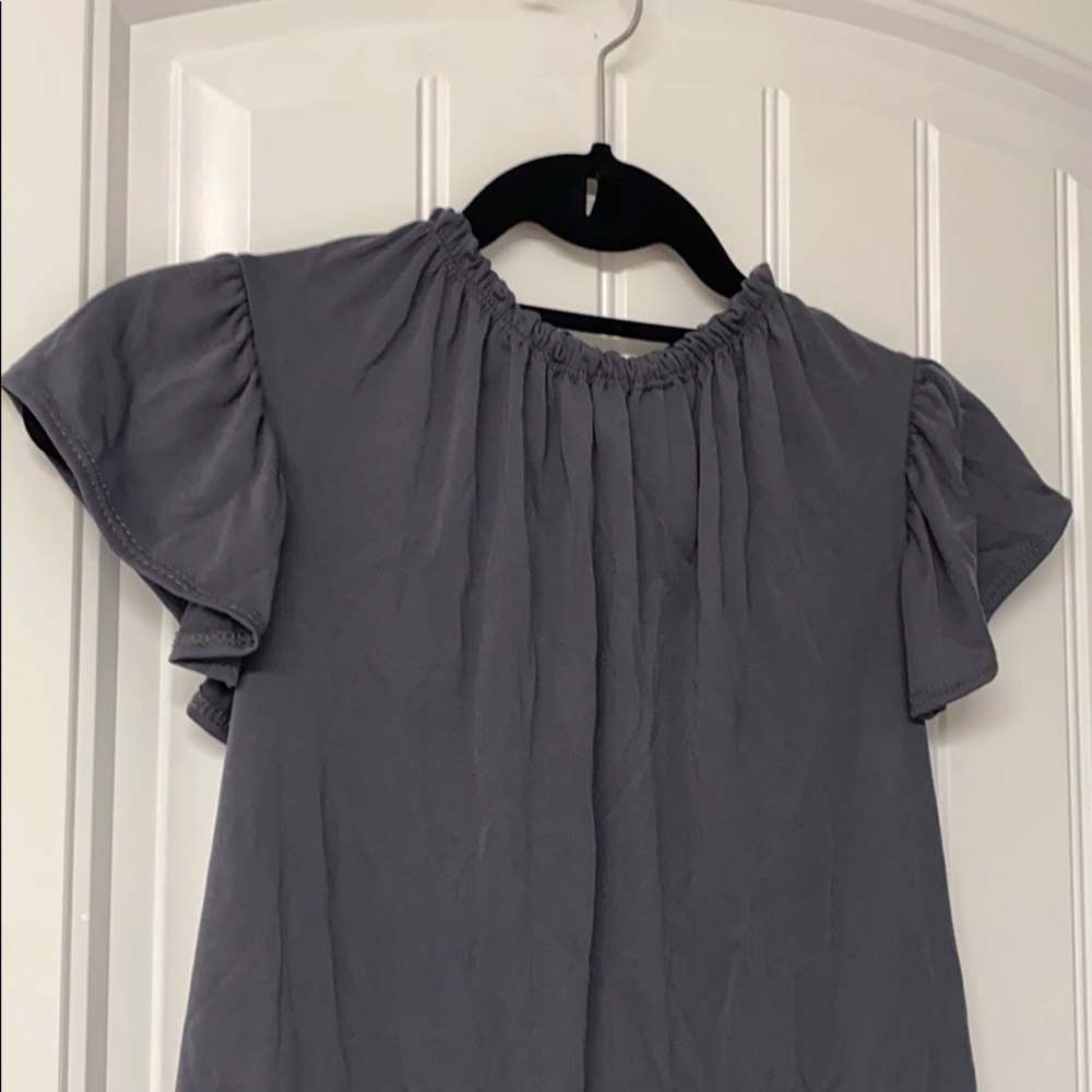 Charcoal Ruffle Neck Short Flutter Sleeve Blouse, S